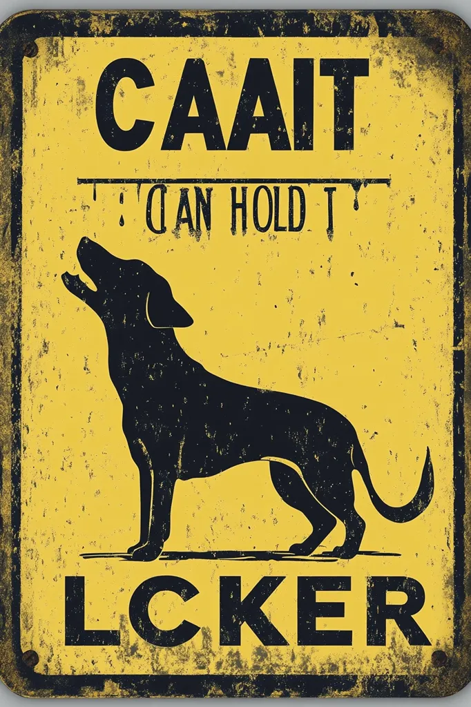 This image shows a distressed, yellow metal sign with black lettering.  The top reads "CAAIT" and underneath, a smaller line says "I CAN HOLD IT".  A silhouette of a dog is centered, positioned between the text.  The bottom of the sign displays "LCKER". The overall style mimics a worn, cautionary sign, possibly humorous in nature, referencing dog-related behavior. The yellow color and distressed texture enhance its vintage aesthetic.