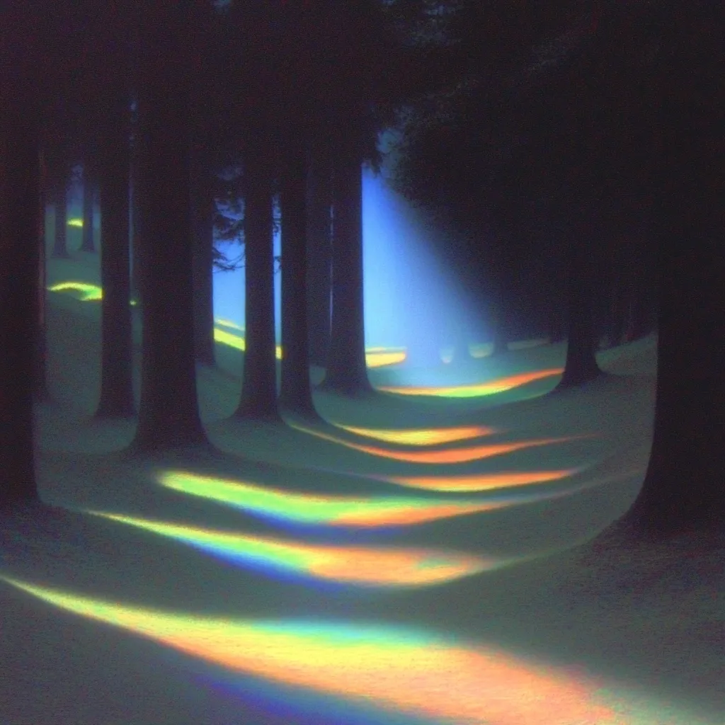 Here's a description of the image:

The image depicts a serene, ethereal forest scene.  Tall, dark trees line a gently curving path, their shadows cast long and iridescent across a softly undulating landscape. A beam of light, possibly sunlight, filters through the trees from above, illuminating the path with vibrant, rainbow-hued refractions. The overall effect is dreamlike and mystical, suggesting a sense of peace and quiet wonder.  The colors are muted and slightly otherworldly, enhancing the fantastical atmosphere.