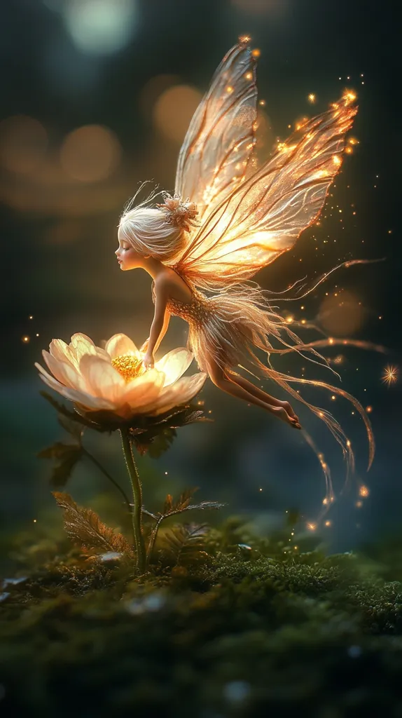 A digitally created image depicts a fairy with luminous, golden wings perched atop a glowing white flower.  The fairy, with blonde hair and a light-colored dress, appears delicate and ethereal.  Tiny sparks of light surround her and the flower, adding to the magical atmosphere. The background is dark and blurry, focusing attention on the fairy and the bloom. The overall mood is one of enchantment and fantasy.