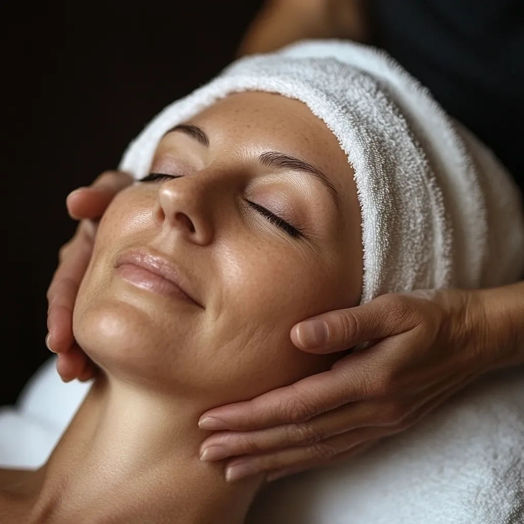 Close-up view of a woman receiving a facial massage.  Her eyes are closed, and she appears relaxed.  Her face is gently cradled in the hands of a masseuse.  A white towel wraps her hair. The image focuses on the serene expression on the woman's face and the gentle touch of the massage. The overall mood is one of calm and pampering.