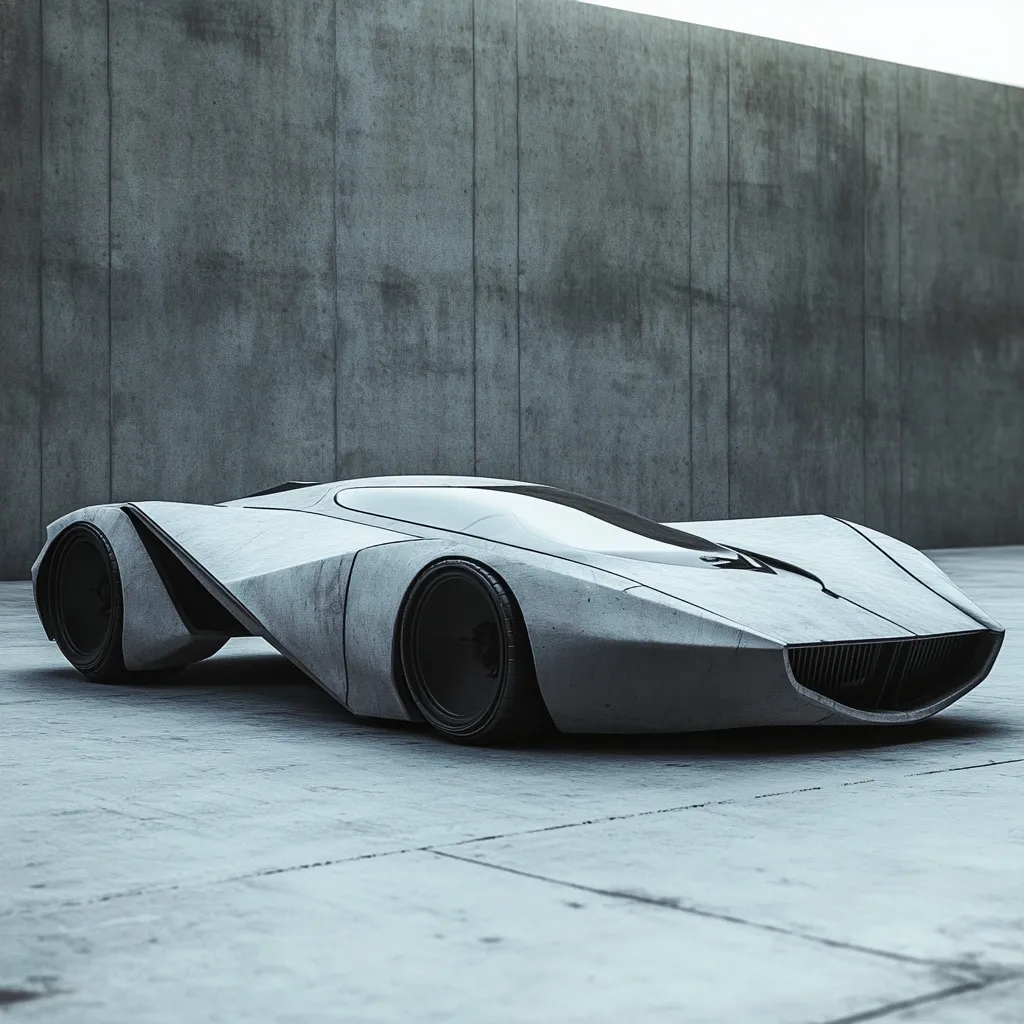 A futuristic, low-slung sports car, rendered in a monochromatic grey, sits before a stark concrete wall.  The car's design is sleek and angular, with large, dark wheels and a minimalist aesthetic. The concrete setting adds to the vehicle's modern, almost dystopian feel. The overall image conveys a sense of speed, power, and minimalist design.  The car appears to be a concept vehicle, showcasing innovative automotive design.