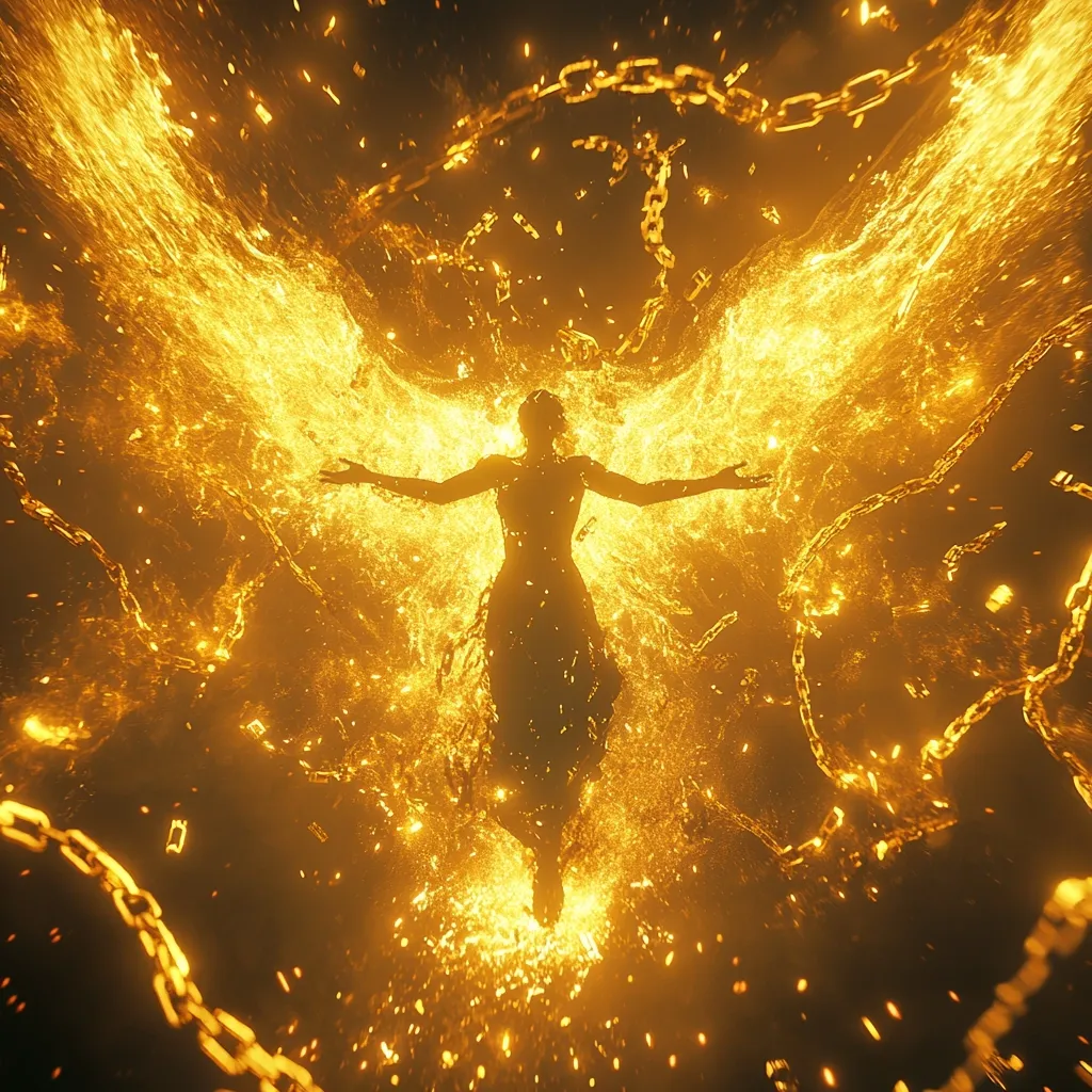 A silhouetted figure, possibly female, with arms outstretched, is depicted within a luminous, golden, ethereal burst resembling wings.  The figure seems to be ascending or emerging from this radiant energy, which is interspersed with glowing chains, suggesting a breaking free or transcendence. The overall effect is one of power, freedom, and spiritual transformation.  The dark background contrasts sharply with the intense golden light.
