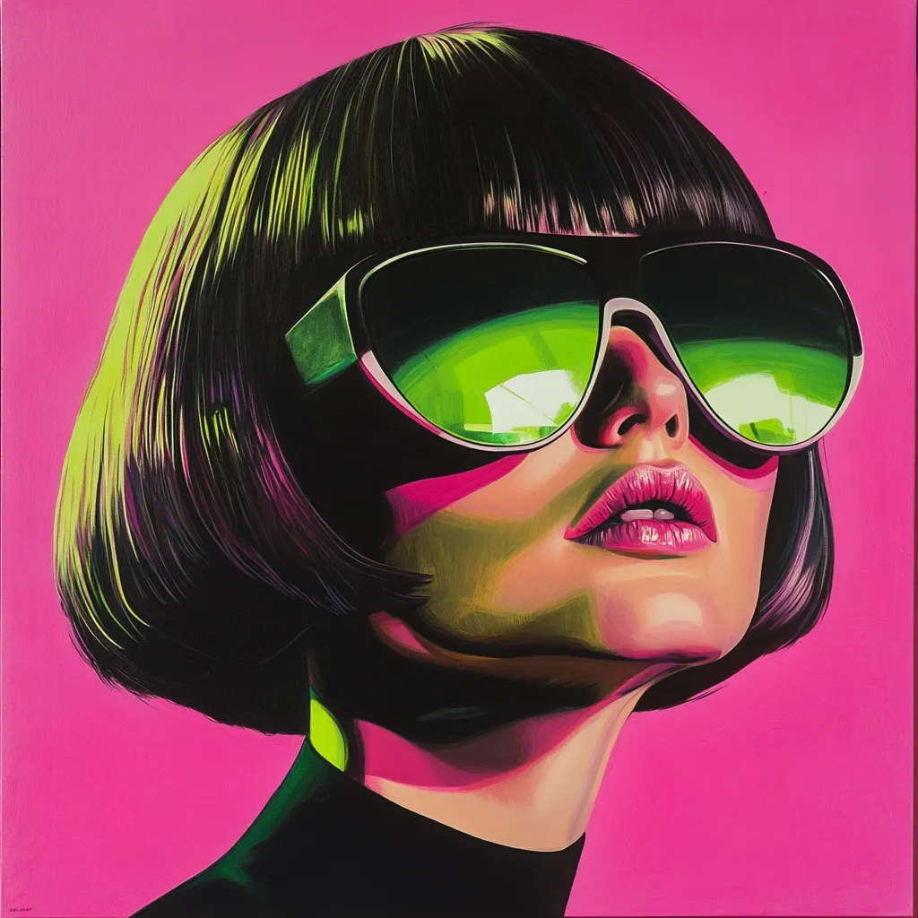 A vibrant, stylized portrait of a woman with a blunt bob haircut.  She wears oversized, lime-green mirrored sunglasses against a bold pink background. The painting's style is bold and graphic, employing strong contrasts of color and light to create a striking and modern aesthetic. The woman's expression is one of calm confidence, her gaze directed upward. The overall effect is a pop art inspired image, emphasizing a retro-futuristic feel.