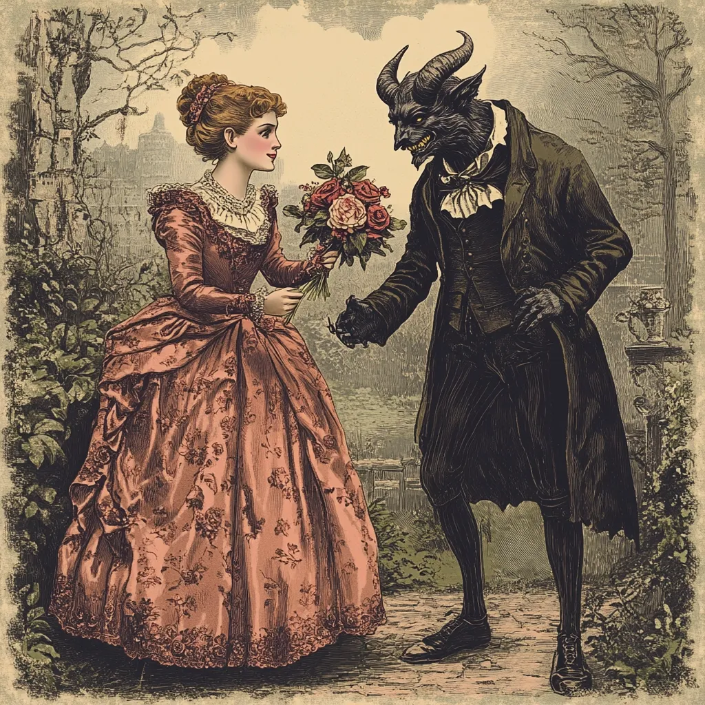 Here's a description of the image:

The image is a vintage illustration, possibly from a book or print, depicting a scene of a romantic encounter with a dark twist. A woman in a flowing, pink, rose-patterned gown stands facing a devil-like figure in a dark suit. The woman, elegantly coiffed, holds a bouquet of red roses, which the devil-like figure seems to have presented to her. The background shows a garden setting with trees and a glimpse of what appears to be a town or village in the distance. The overall style suggests a gothic or romantic narrative, possibly with a Faustian or supernatural theme. The color palette is muted, using earthy tones and dark contrasts.