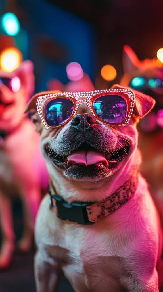 Here's a description of the image:

Close-up view of a light-colored dog, possibly a pug mix, wearing pink, rhinestone-studded sunglasses. The dog is smiling, tongue slightly out, and appears happy.  The background is blurred but shows a brightly lit, possibly nighttime, environment with bokeh lights suggesting a party or festive atmosphere.  Other dogs are visible in the out-of-focus background, also wearing sunglasses. The overall mood is playful and fun.  The dog's collar is a light beige with a dark buckle.