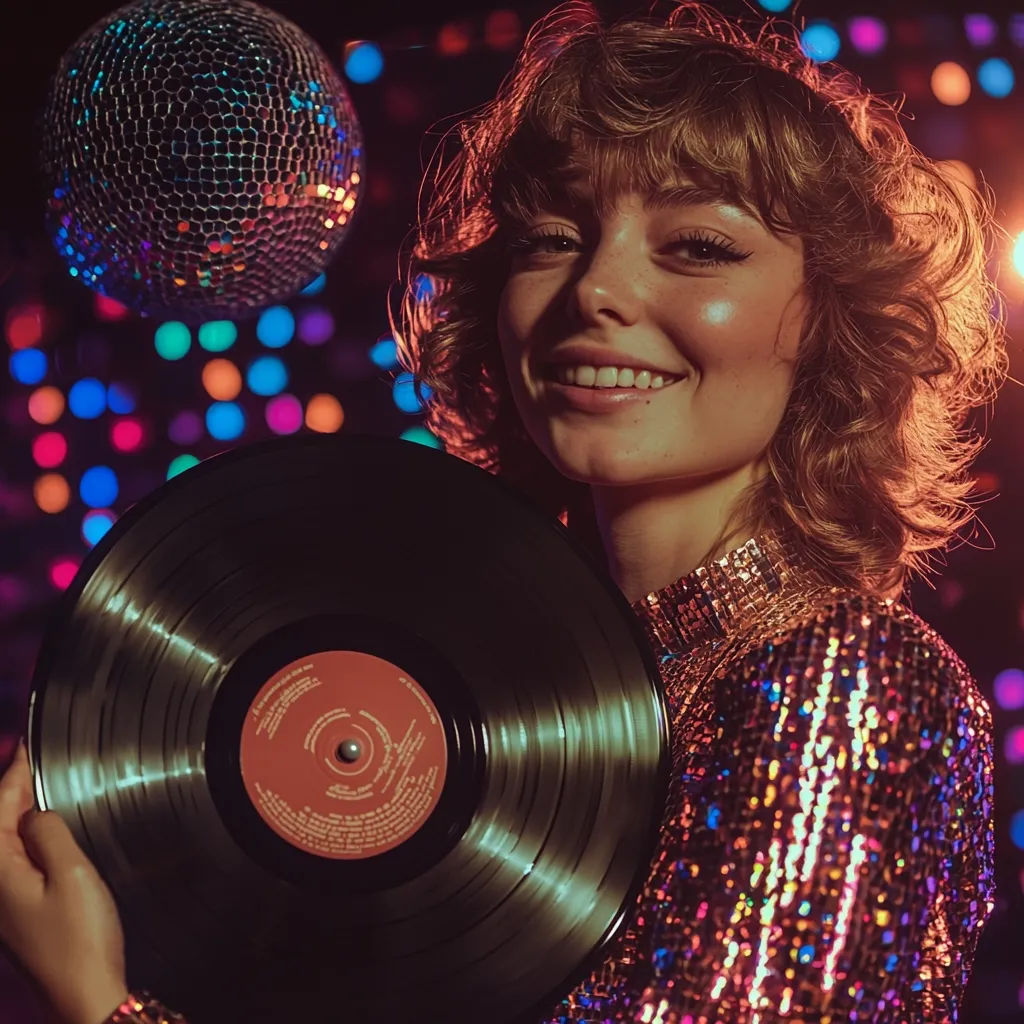 A young woman with a retro 70s hairstyle and a sparkly gold dress holds a vinyl record.  A disco ball is blurred in the background, along with colorful lights, creating a vibrant, party atmosphere.  Her smile is bright and joyful, reflecting the fun and energy of the setting. The image evokes a sense of nostalgia and disco-era glamour.