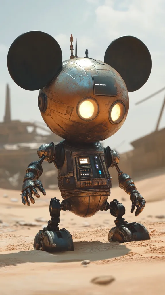 A weathered, bronze-colored robot, reminiscent of Mickey Mouse, stands in a desert landscape.  Its large, round ears and glowing eyes are prominent features. The robot has a distressed metallic body, with visible wear and tear suggesting age or battle.  It's bipedal with sturdy, mechanical legs and articulated arms. The background shows a desolate scene with partially visible wreckage, hinting at a post-apocalyptic or abandoned setting. The robot’s design blends classic cartoon features with a steampunk aesthetic.