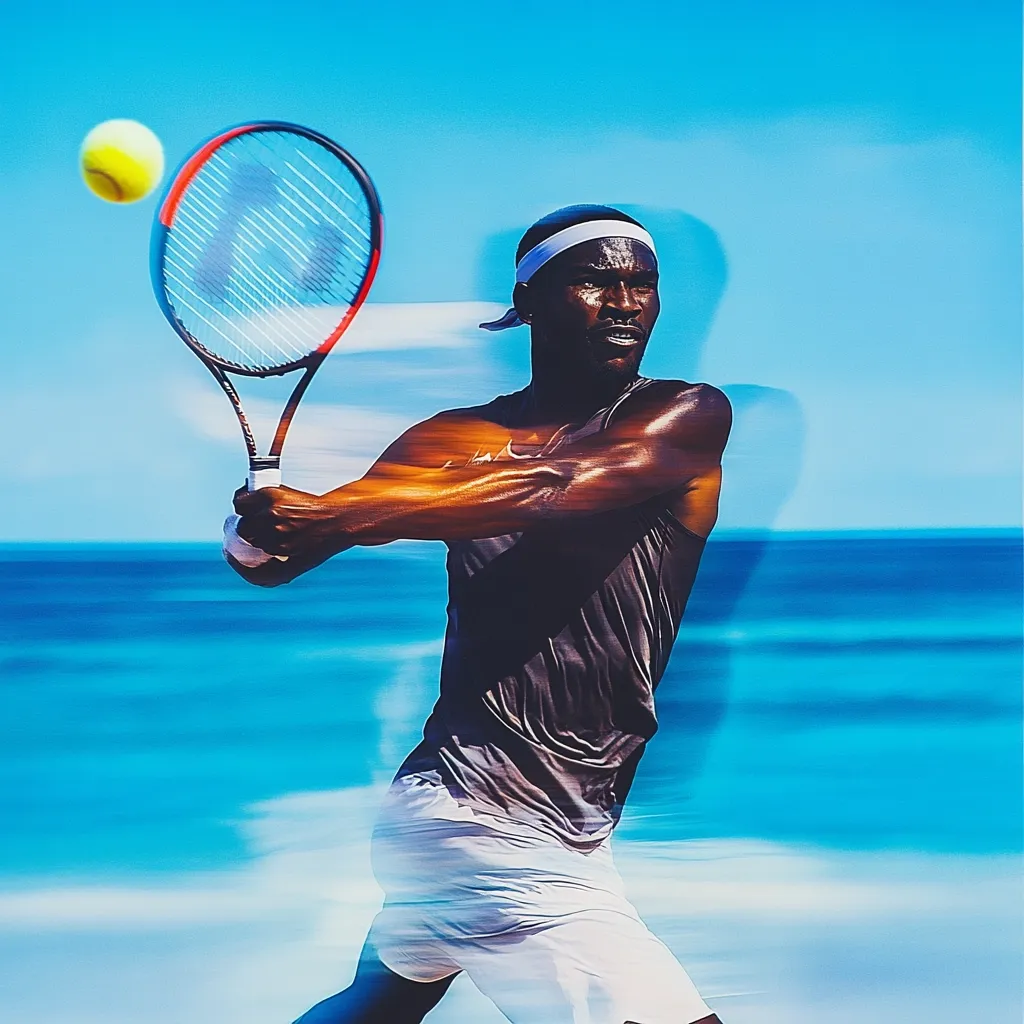 Here's a description of the image:

The photograph captures a dynamic moment of a dark-skinned male tennis player in action. He's intensely focused, his body in motion as he powerfully swings his tennis racquet, a yellow tennis ball having just left it.  He's wearing a dark gray tank top and white shorts, a white headband keeping his hair back. The background is a blurred, vibrant blue ocean, creating a sense of speed and energy. The overall aesthetic is modern and energetic, emphasizing both the athlete's skill and the beauty of the seaside setting.  A motion blur effect enhances the feeling of dynamic movement.