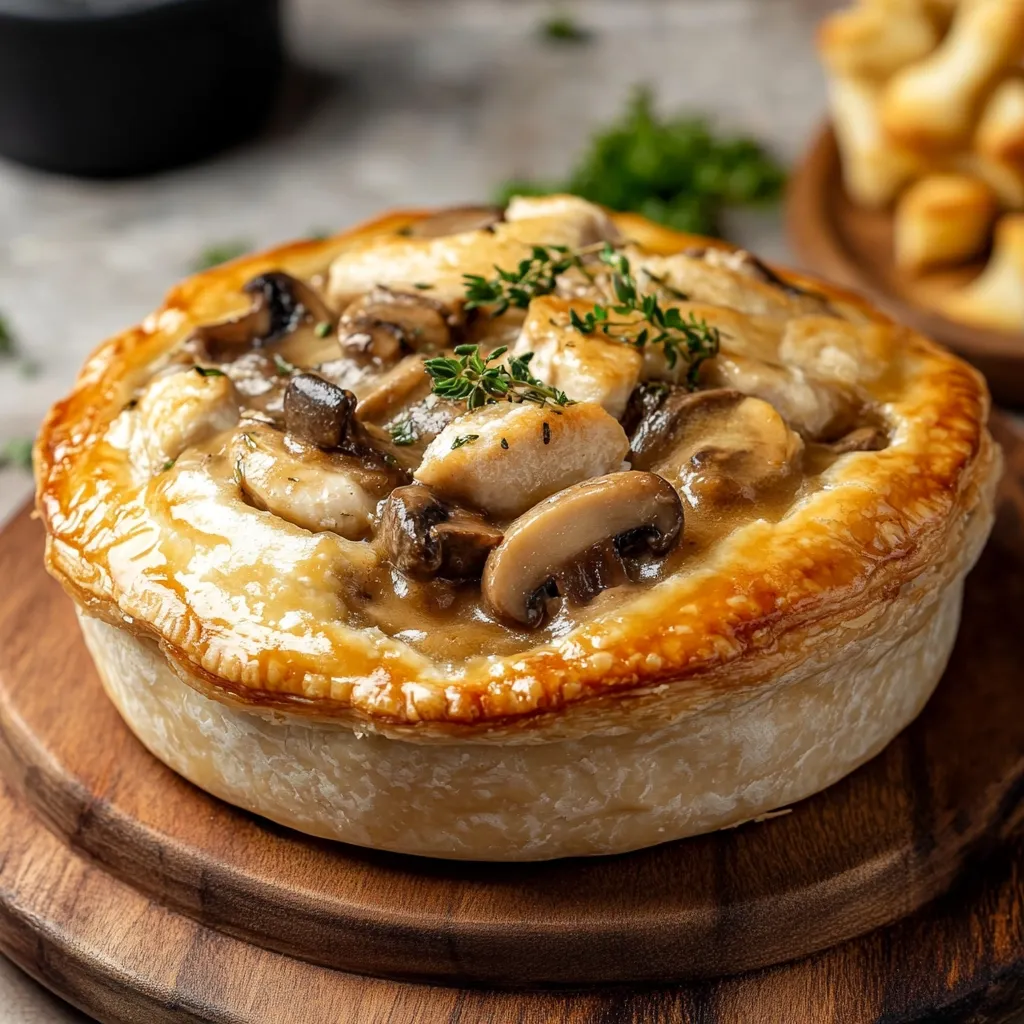 Here's a description of the image:

Close-up view of a savory chicken and mushroom pot pie.  The pie boasts a golden-brown, flaky puff pastry crust encasing a creamy filling generously studded with chunks of chicken and mushrooms.  A sprig of thyme adds a touch of freshness atop the filling.  The pie rests on a rustic wooden board, with a blurred background hinting at additional food items, possibly more pastries or appetizers. The overall lighting and focus highlight the texture and deliciousness of the pie.