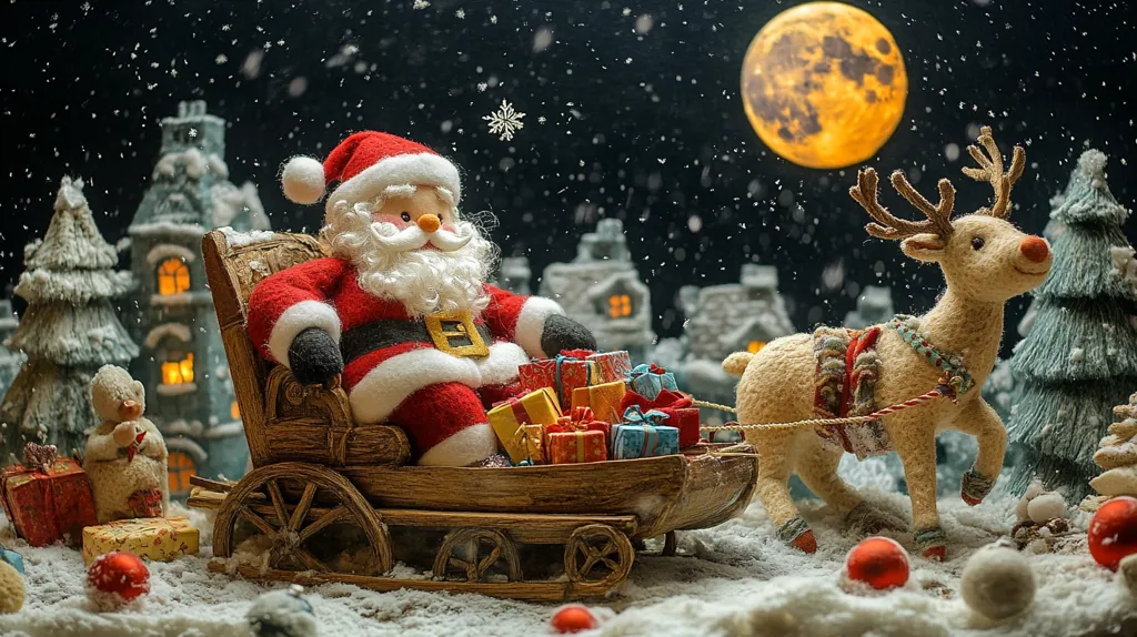 A charming Christmas scene unfolds under a large, yellow moon.  Santa Claus, a plush figure, sits contentedly in a wooden sleigh laden with colorful presents.  A knitted reindeer pulls the sleigh through a snow-dusted village, miniature houses twinkling with warm light.  Snowflakes gently fall, adding to the magical, festive atmosphere.  The overall effect is quaint and heartwarming, capturing the spirit of Christmas.