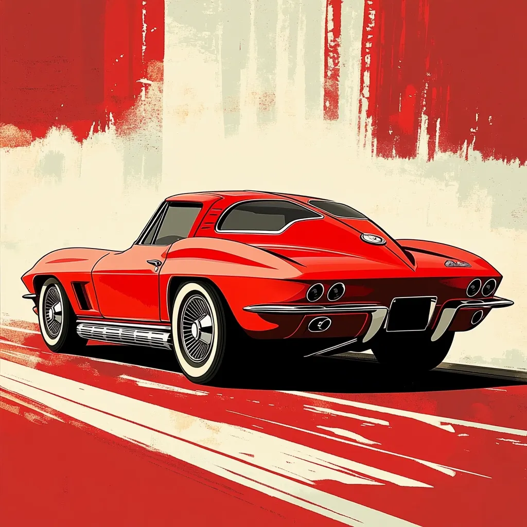Here's a description of the image:

The illustration showcases a classic red Chevrolet Corvette Sting Ray coupe, viewed from a slightly elevated rear three-quarter angle.  It's depicted speeding across a red road with white motion streaks, suggesting rapid movement. The background features a stylized, textured red and off-white design, reminiscent of an abstract paint splattering or vintage poster aesthetic.  The car's details are sharp, emphasizing its sleek lines and powerful presence, contrasting with the more impressionistic background. The overall style is bold and graphic, possibly inspired by mid-20th-century American automotive advertising.