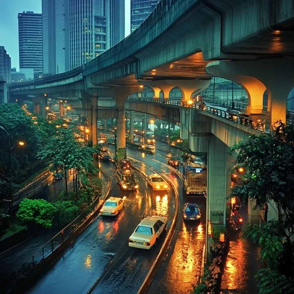 A rain-slicked city street scene unfolds beneath a towering elevated highway.  Cars, their headlights reflecting on the wet pavement, navigate the curving road.  Tall buildings rise in the background, their lights twinkling against the darkening sky. Lush greenery lines the road, contrasting the urban architecture. The overall atmosphere is moody and atmospheric, with the warm glow of streetlights highlighting the rain-soaked asphalt. The image suggests a bustling city life, even under the cover of a nighttime downpour.