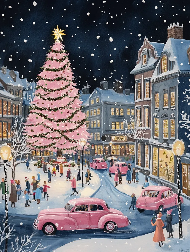 A charming winter scene depicts a snow-covered town square, dominated by a large, pink Christmas tree.  Pink vintage cars are parked around the square, and people in winter attire stroll through the falling snow.  The buildings lining the square are beautifully decorated with warm, inviting lights, creating a festive atmosphere.  The overall style is reminiscent of a vintage Christmas card, with a whimsical and nostalgic feel.