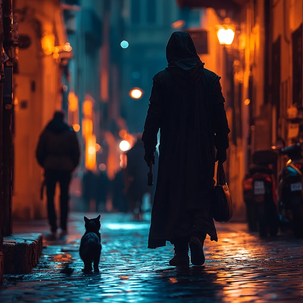 A lone figure, cloaked and hooded, walks down a dimly lit cobblestone street at night.  The person carries a bag and what appears to be a flashlight.  A small black cat sits in the middle of the street, watching them pass.  Warm-toned building lights contrast with the cool blue tones of the wet pavement. The overall atmosphere is mysterious and atmospheric.  A blurred figure walks ahead in the background.