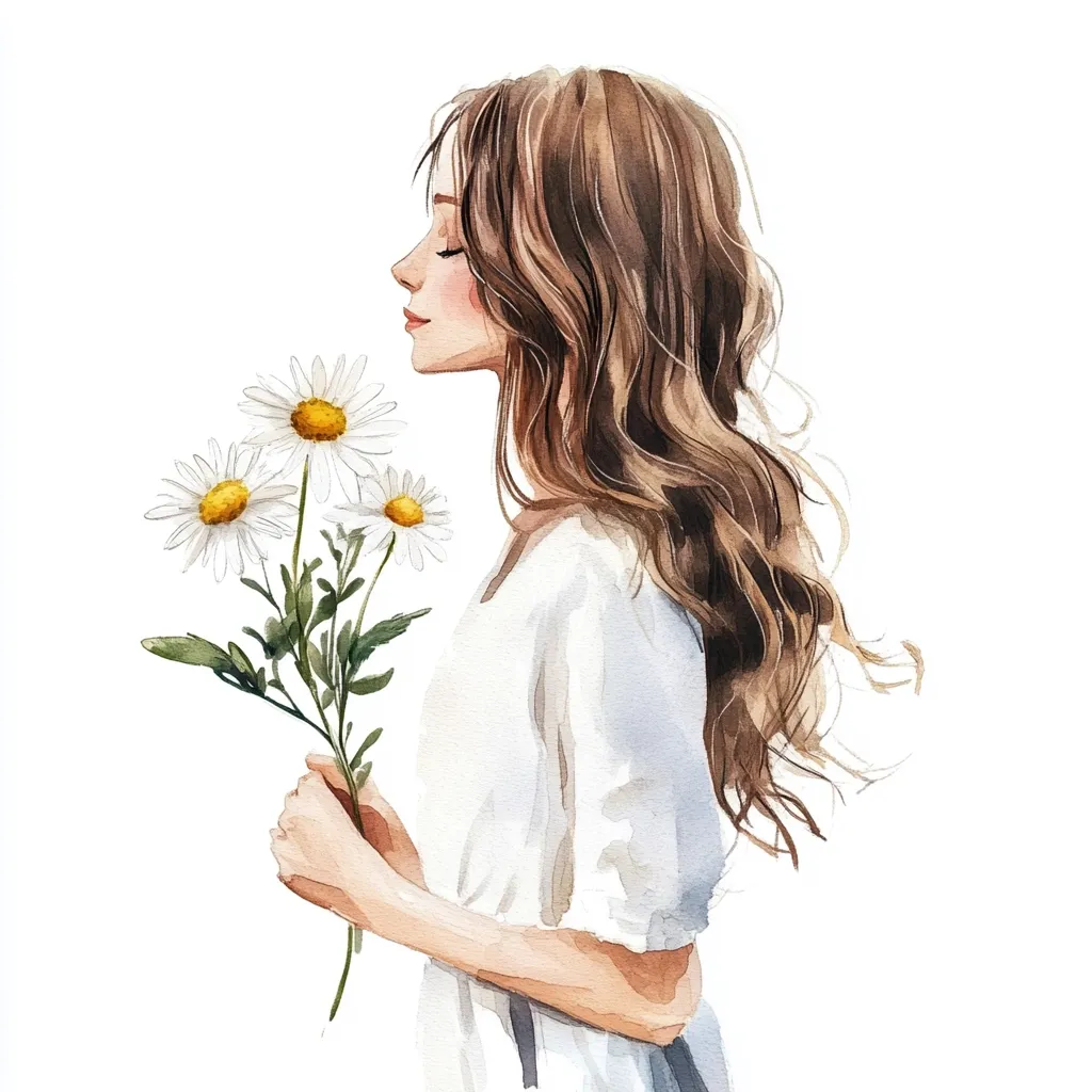 A watercolor painting depicts a young woman with long, wavy brown hair, wearing a white dress.  She's in profile, eyes closed, seemingly inhaling the scent of a small bouquet of three delicate white daisies she holds gently in her hands. The style is soft and romantic, emphasizing the serenity of the scene. The background is pure white, focusing attention on the woman and her flowers.  The overall impression is one of peace and gentle beauty.