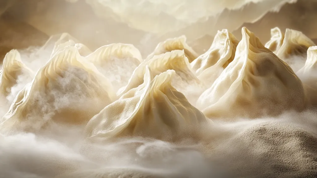 Here's a description of the image:

The photograph is a stylized close-up of several steamed baozi, or Chinese buns.  They are nestled together, their pleated tops reminiscent of miniature mountains.  A soft, ethereal mist or steam surrounds them, giving a sense of warmth and creating a dramatic, almost otherworldly atmosphere. The background is a hazy, muted landscape suggesting mountains or hills, further enhancing the mountainous resemblance of the baozi. The overall effect is both artistic and appetizing, emphasizing the texture and warmth of the food.