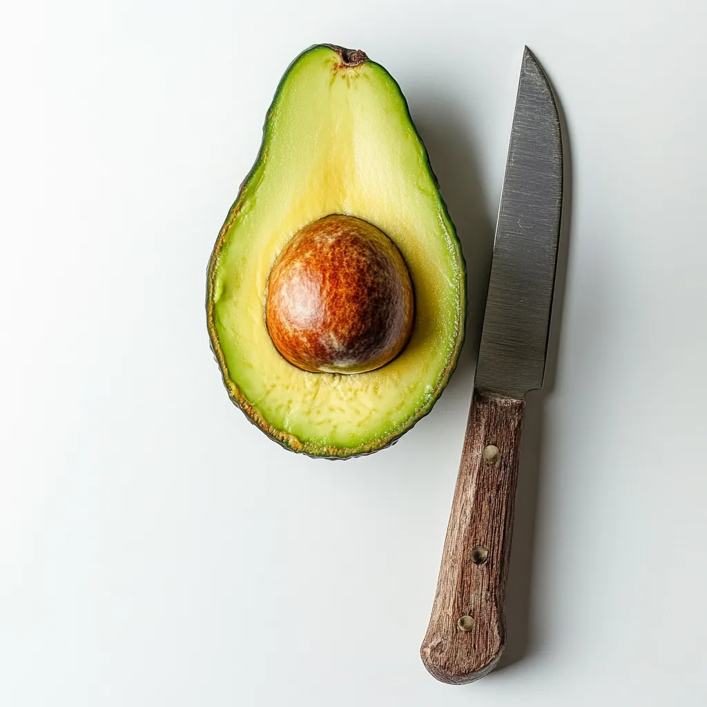 Here's a description of the image:

A halved avocado rests on a white surface, its creamy green flesh and dark brown pit clearly visible.  Beside it lies a small, utilitarian knife with a dark wood handle that shows signs of use and wear.  The overall composition is simple and clean, suggesting a minimalist approach to food preparation. The lighting is even, creating a bright and clean aesthetic.