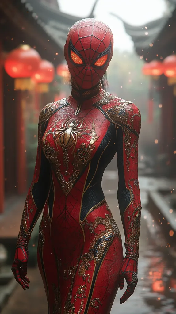 A female figure, clad in a meticulously detailed Spider-Man suit, stands amidst a blurred backdrop of a dimly lit, Asian-inspired street scene. The suit is predominantly red, accented with gold embellishments that resemble ornate Chinese dragon designs.  The mask is classic Spider-Man, but with glowing red eyes.  The overall impression is one of powerful elegance and a blend of superhero and cultural aesthetics.  Red lanterns hang in the background, adding to the atmosphere.