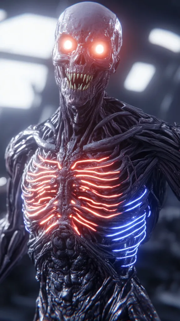 Here's a description of the image:

The image showcases a detailed rendering of a biomechanical creature. Its skull-like head features glowing red eyes and sharp teeth.  The body is a complex network of dark, organic-looking material interwoven with glowing red and blue lines, resembling exposed circuitry or veins, particularly prominent across the ribcage area. The creature appears menacing yet strangely beautiful, a blend of horror and high-tech aesthetics. The background is blurred, suggesting an industrial or futuristic setting. The overall style is that of digital art, possibly from a science fiction video game or film.