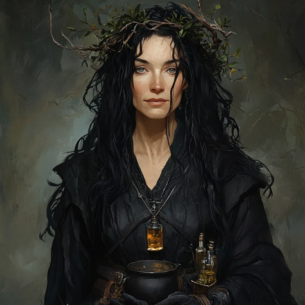 A captivating portrait of a woman, possibly a sorceress or herbalist, dominates the image.  Her long, dark hair cascades around her shoulders, adorned with a crown of intertwined branches and leaves.  She wears a dark, hooded robe and a necklace bearing a vial of golden liquid.  In her hands, she holds a small cauldron and a collection of vials, suggesting alchemical practices or potion-making.  Her expression is serious and direct, creating a mystical and intriguing atmosphere.  The muted background enhances the focus on her figure.