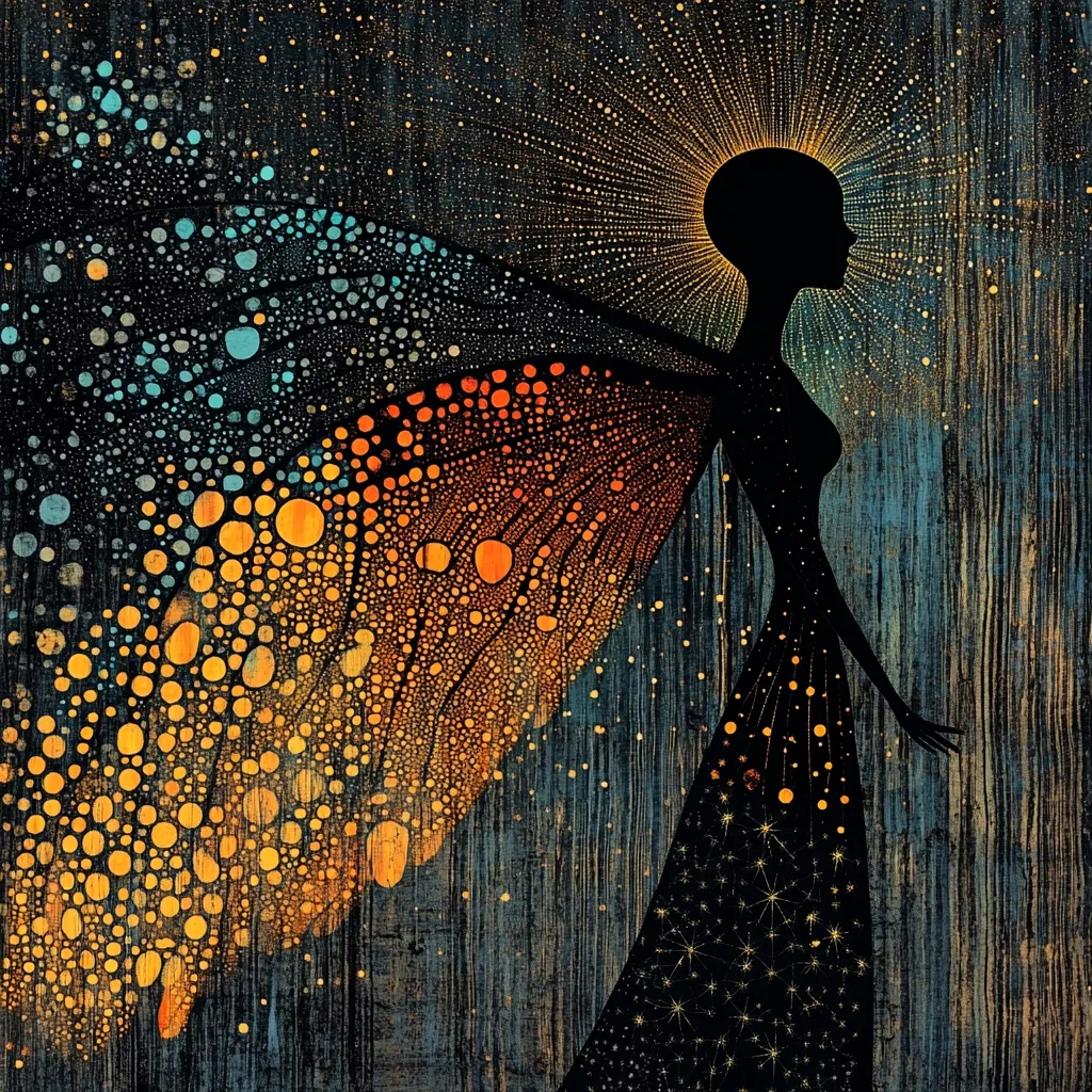 The artwork depicts a stylized female figure, possibly an angel, with large, iridescent wings. The wings are composed of countless small, glowing orbs in shades of teal, orange, and gold, creating a sense of ethereal beauty.  The figure is silhouetted in black, dressed in a long gown adorned with tiny stars, contrasting against the dark, textured background.  The style blends elements of fantasy, art nouveau, and possibly digital art techniques, resulting in a dreamlike and mystical atmosphere.  A radiant halo or crown of light surrounds her head.