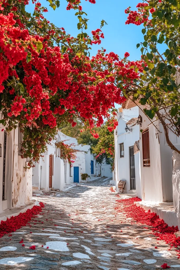 A picturesque street scene unfolds, showcasing a narrow cobblestone lane lined with whitewashed buildings. Vibrant red bougainvillea blooms cascade from overhead, creating a canopy of color.  Fallen petals scatter the ground, adding to the festive atmosphere. The bright sunlight and clear blue sky enhance the idyllic charm of this seemingly Greek village street.  The scene is tranquil and evokes a sense of serenity.