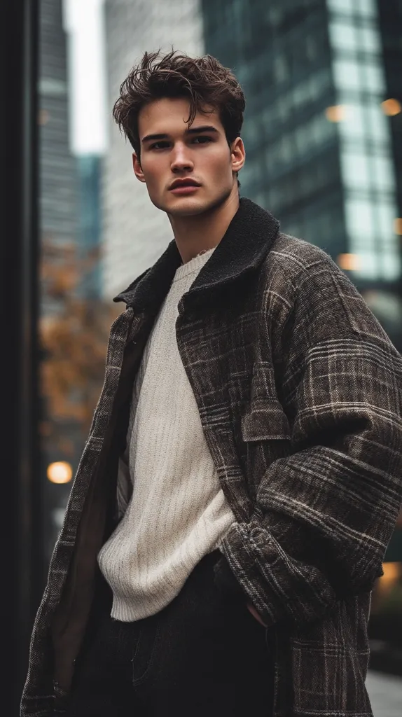 A young man with dark, slightly tousled hair stands against a blurred backdrop of city skyscrapers.  He's wearing a cream-colored knit sweater under a dark brown, plaid overcoat. The coat is oversized and has a relaxed fit.  His expression is serious and his gaze is directed slightly away from the camera. The overall mood is moody and stylish, suggesting a fashion editorial or portrait.