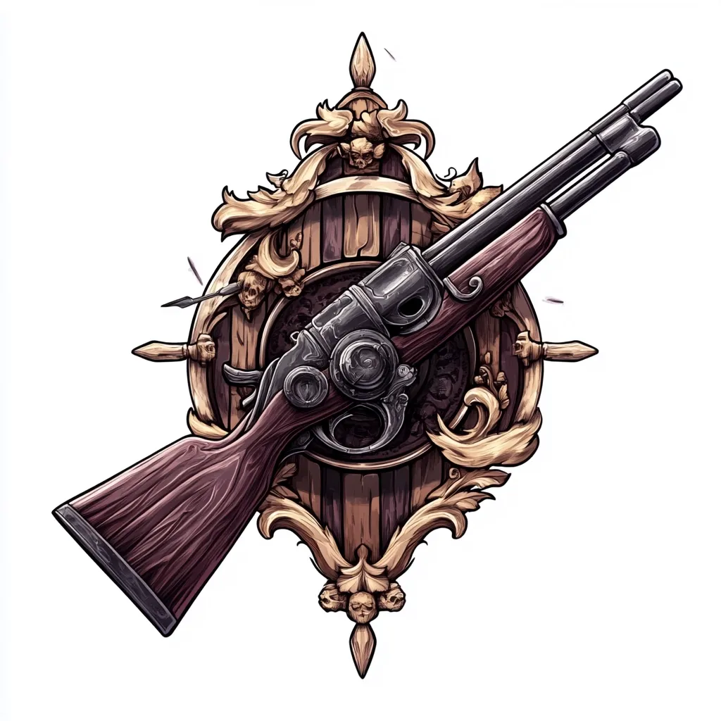 Here's a description of the image:

The illustration showcases a double-barreled shotgun mounted on an ornate, wooden shield-shaped plaque. The plaque is richly decorated with gold filigree, featuring skull motifs at its top and bottom. The shotgun itself has a dark wood stock and a metallic, aged receiver.  The overall style is dark, detailed, and evocative of a pirate or antique trophy, with a slightly gothic flair.  The background is pure white, making the richly detailed piece stand out.