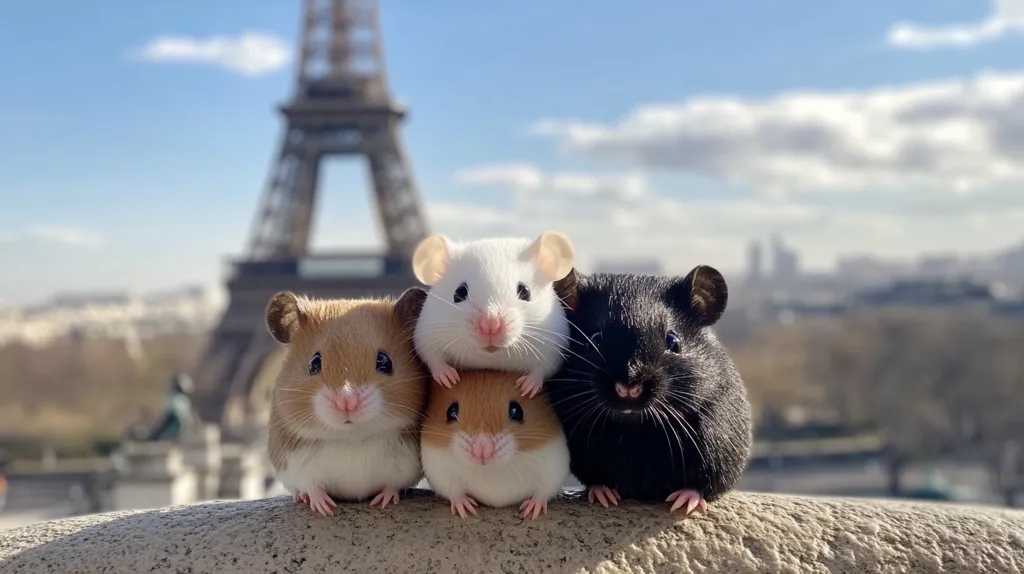 Four adorable hamsters, one white, one black, and two varying shades of brown, are arranged in a row, sitting on a stone wall.  The Eiffel Tower is softly blurred in the background, suggesting a Parisian setting.  The image is bright and sunny, capturing a charming scene of small animals against a famous landmark. The hamsters' expressions are sweet and curious, adding to the photo's overall appeal.