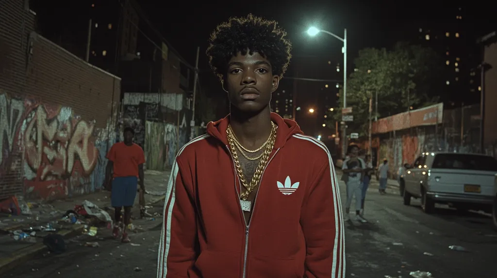 Here's a description of the image:

The image shows a young Black man, centrally positioned, wearing a red Adidas zip-up jacket with white stripes and several gold chains.  His expression is serious and he has a full head of dark, curly hair. He stands on a dimly lit city street at night, graffiti-covered brick buildings lining the alleyway behind him.  Other people are visible in the background, blurred, suggesting movement and activity.  The overall atmosphere is urban and somewhat gritty, with scattered litter on the street. The scene has a cinematic quality.