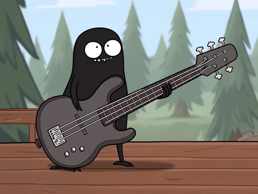 A cartoon character, a dark, amorphous blob with large white eyes and sharp teeth, stands on a wooden deck holding a dark-grey bass guitar.  The background features a blurred, cartoonish forest of evergreen trees. The character's simple design contrasts with the detail in the instrument, suggesting a playful, possibly humorous, context. The overall style is reminiscent of animated children's programming.