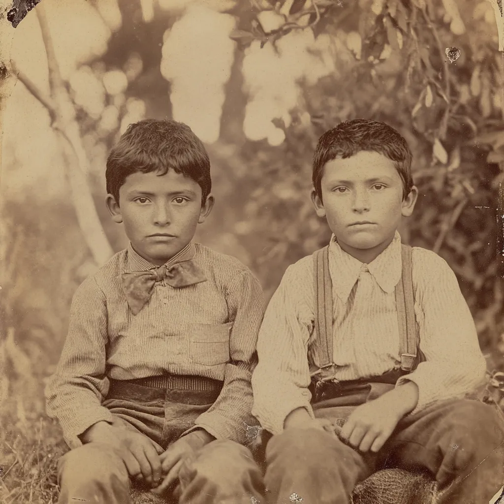 Here's a description of the image:

A sepia-toned photograph depicts two young boys seated side-by-side outdoors.  Both boys appear to be of similar age, with dark hair and serious expressions. They are dressed in matching long-sleeved shirts and trousers, suggestive of a period photograph. The boy on the left wears a bow tie, while the boy on the right has suspenders. The background is softly blurred but shows foliage, indicating an outdoor setting. The overall mood is somber yet charming, typical of antique portrait photography. The image quality shows some age and texture, common in older photographs.
