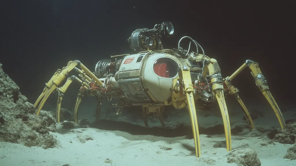 The image shows a futuristic, spider-like submersible robot on an alien ocean floor. Its body is predominantly off-white with yellow, spindly legs.  The robot appears weathered, showing signs of wear and tear.  Red accents are visible on its mechanical parts. The background is dark, emphasizing the robot's form against the dimly lit, sandy seabed and rocky formations. The overall aesthetic suggests a blend of science fiction and deep-sea exploration.