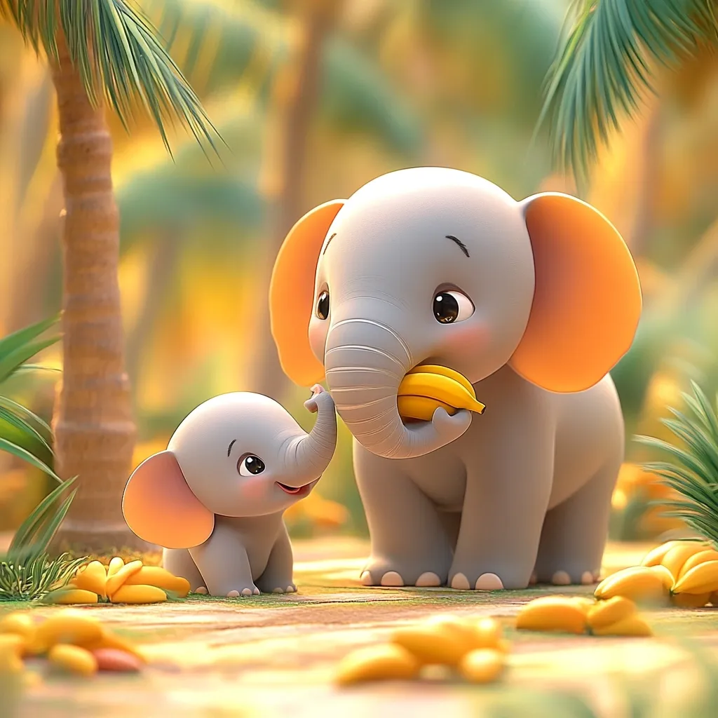 A heartwarming 3D rendering depicts a mother and baby elephant in a sun-dappled jungle setting.  The larger elephant, holding a bunch of bananas, gently interacts with her smaller offspring.  Both elephants possess large, expressive eyes and endearingly cartoonish features.  Scattered banana peels on the ground add to the idyllic, playful scene. The overall style is cute and whimsical, evocative of children's animation.