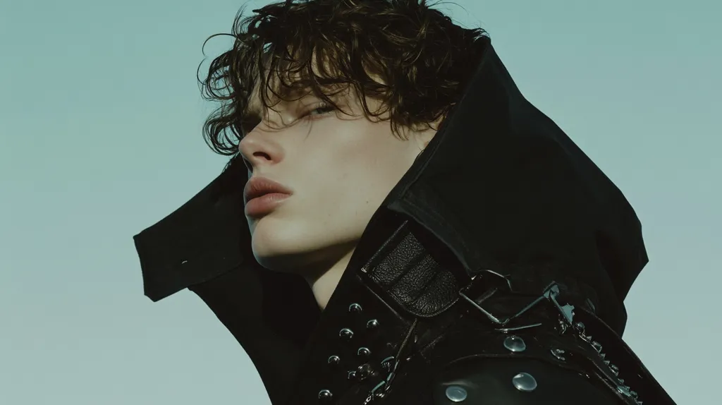 Close-up profile of a young man with dark, curly hair. He's wearing a black leather jacket with studded detailing around the collar. The jacket's hood is pulled up, partially obscuring his face. His expression is serious and his gaze is directed away from the camera.  The background is a muted, light teal. The overall mood is moody and stylish.
