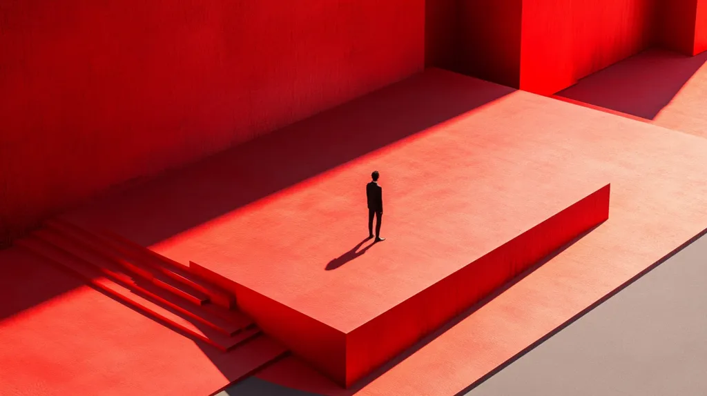 Here's a description of the image:

The image shows a lone, silhouetted figure in a dark suit standing on a raised, red platform. The platform is part of a larger, abstract structure composed of various geometric shapes and levels, all in a vibrant red hue.  A staircase leads down from the platform.  The scene is bathed in a strong, directional light, casting a distinct shadow from the figure. The overall aesthetic is minimalist and somewhat surreal, suggesting themes of isolation or contemplation.  The intense red color dominates the entire composition.