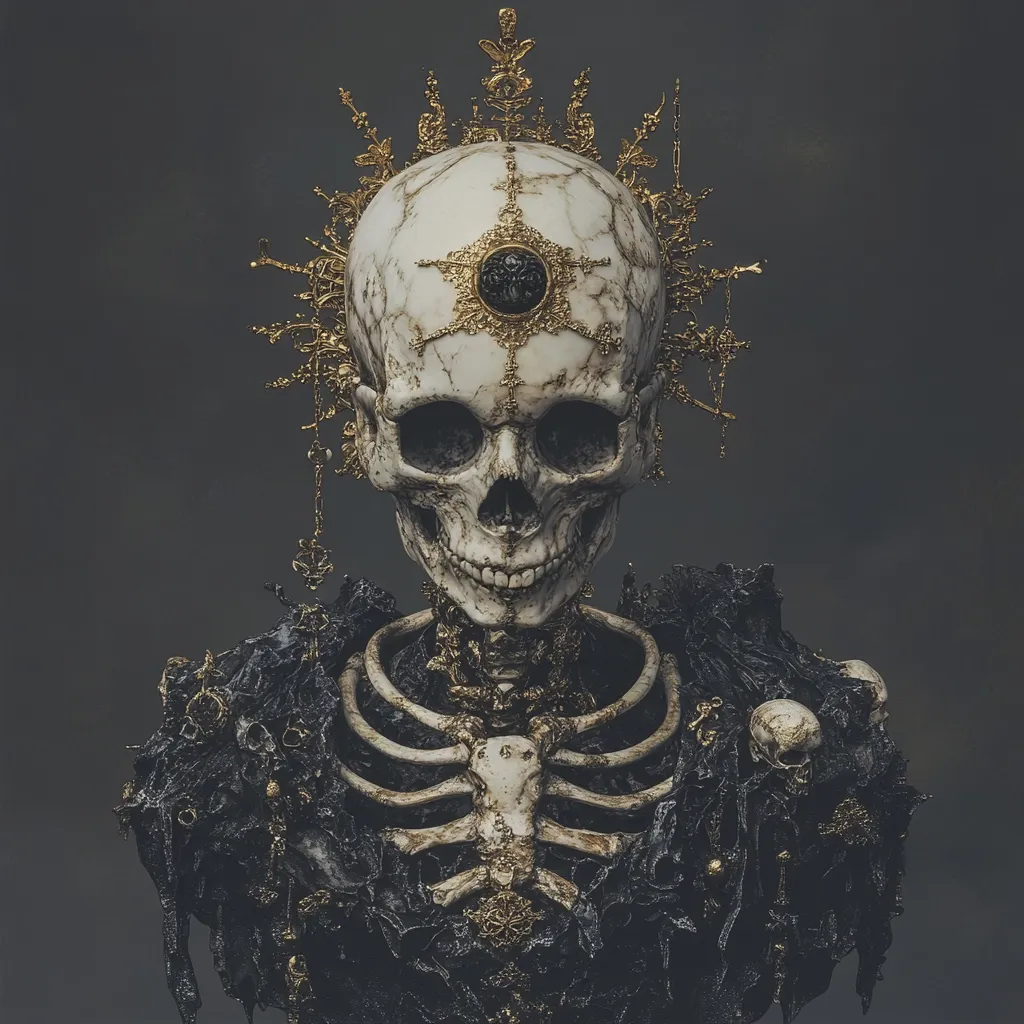 The image shows a detailed digital rendering of a skull adorned with an ornate gold crown. The skull, appearing marble-like, features a central dark jewel within the crown’s design. The skull is part of a skeletal torso draped in dark, textured material resembling decaying fabric or rock, studded with smaller skulls and gold accents. The overall aesthetic is dark, gothic, and somewhat macabre, yet the intricate details suggest artistry and opulence. The background is a muted gray, allowing the figure to stand out prominently.