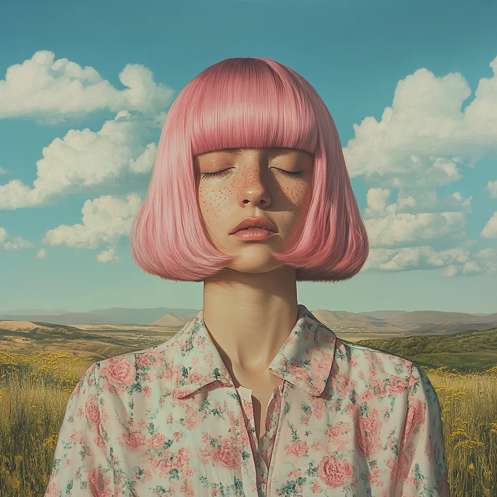 The image depicts a young woman with a vibrant pink bob haircut, her eyes closed serenely.  She's wearing a pale, floral-patterned shirt. The background is a picturesque landscape of rolling hills under a bright, slightly cloudy sky. The overall aesthetic is dreamlike and peaceful, with a soft, almost surreal quality to the colors and composition.  The woman’s calm expression contrasts gently with the vastness of the open landscape.