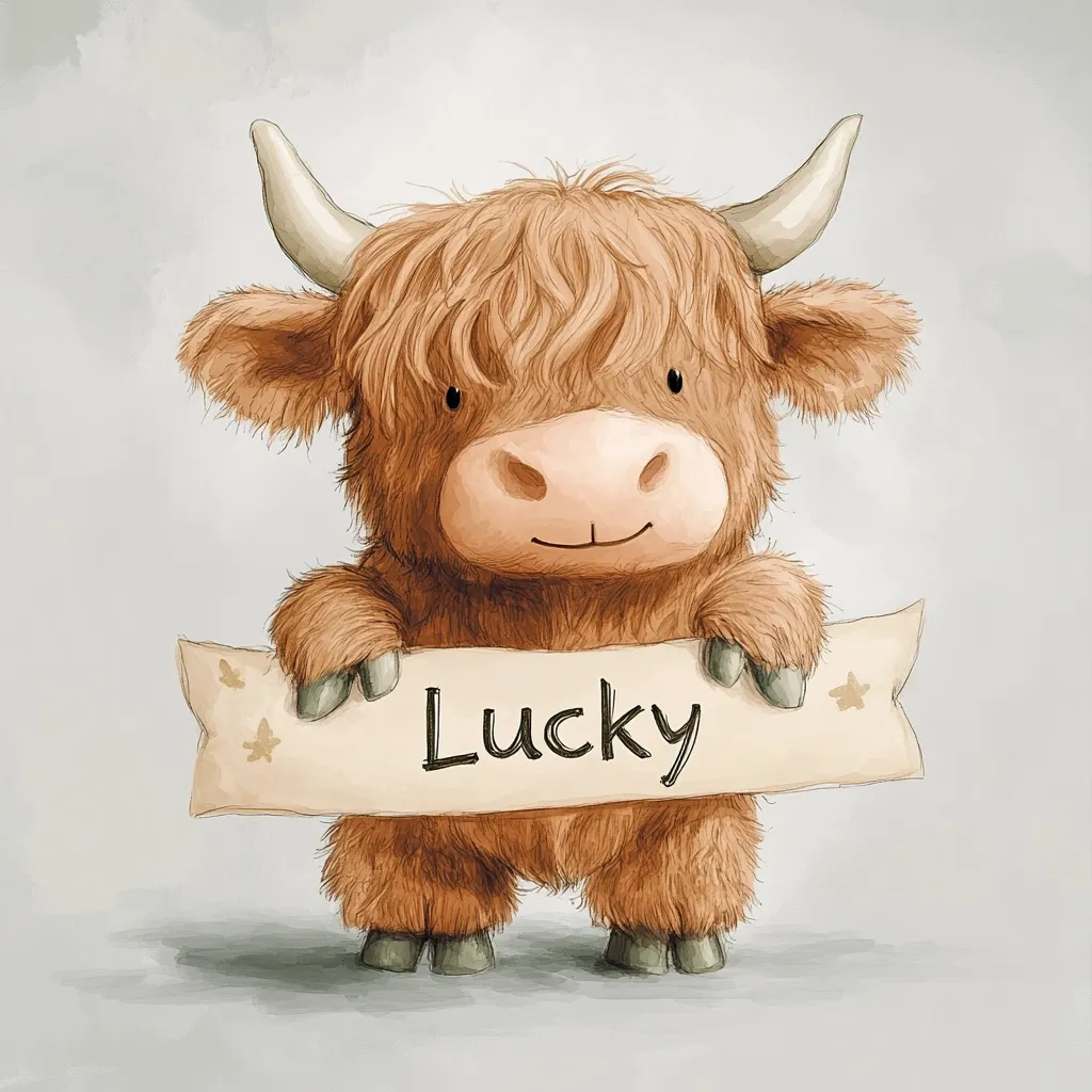 Here's a description of the image:

The illustration depicts a cute, cartoonish Highland cow calf. Its fluffy, reddish-brown fur is prominently featured, along with small, dark eyes and a gentle smile.  The calf holds a beige banner that reads "Lucky" in elegant cursive handwriting. Two small stars adorn the banner's corners.  The background is a muted gray, drawing focus to the charming bovine and its message. The overall style is soft and whimsical, suitable for children's art or décor.