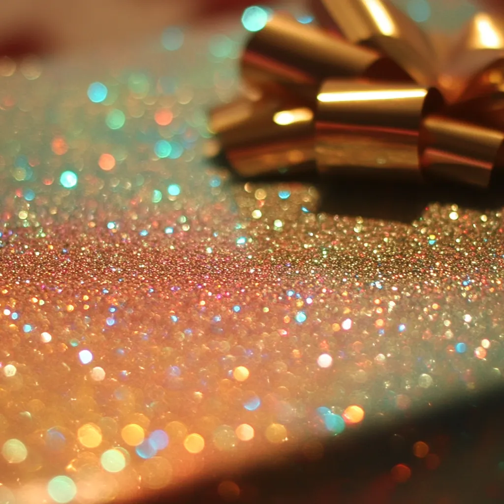 Here's a description of the image:

Close-up view of a glittering gift box adorned with a gold bow. The box is covered in fine, iridescent glitter, creating a sparkling effect with warm gold, peach, and hints of teal and blue shimmer. The gold bow sits slightly askew, adding to the casual elegance. The bokeh effect from the out-of-focus glitter particles intensifies the shimmer and creates a dreamy, festive atmosphere.  The overall impression is one of luxurious sparkle and celebratory festivity.