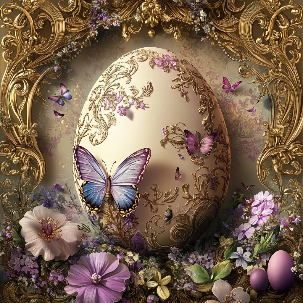 Here's a description of the image:

The image is a richly detailed digital artwork featuring a large, ornate Easter egg as its centerpiece.  The egg is off-white with intricate gold filigree designs, resembling baroque ornamentation.  Purple butterflies flutter around it, adding to the elegant, whimsical feel.  The egg rests on a bed of delicate purple and white flowers, nestled within a golden, rococo-style frame. Smaller painted eggs are visible in the bottom right corner. The background is a muted, vintage-inspired tone, completing the opulent, fantasy-like scene. The overall style suggests a luxurious Easter celebration.