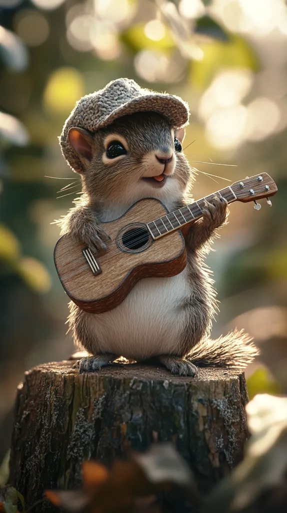 Here's a description of the image:

A charming, digitally rendered image depicts a small squirrel, wearing a grey newsboy cap, perched atop a tree stump. The squirrel is strumming a miniature acoustic guitar with surprising dexterity.  Its expression is one of cheerful contentment. The background is softly blurred, featuring a bokeh effect of out-of-focus greenery and sunlight, enhancing the focus on the adorable musician. The overall scene is heartwarming and whimsical, evoking feelings of delight and wonder.