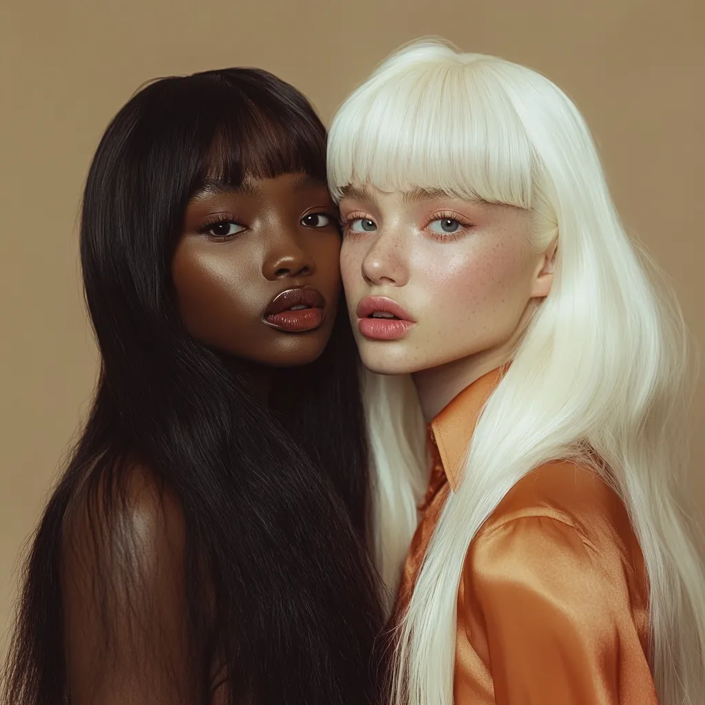 Close-up portrait of two young women, side by side.  One woman has long, dark black hair with blunt bangs, and rich brown skin. The other woman's hair is long, straight, and platinum blonde, also with bangs, and her skin is fair with freckles. They are both looking towards the viewer with a soft expression. The woman with blonde hair is wearing an orange satin top.  The background is a muted beige.  The image emphasizes the contrast of their skin tones and hair colors.