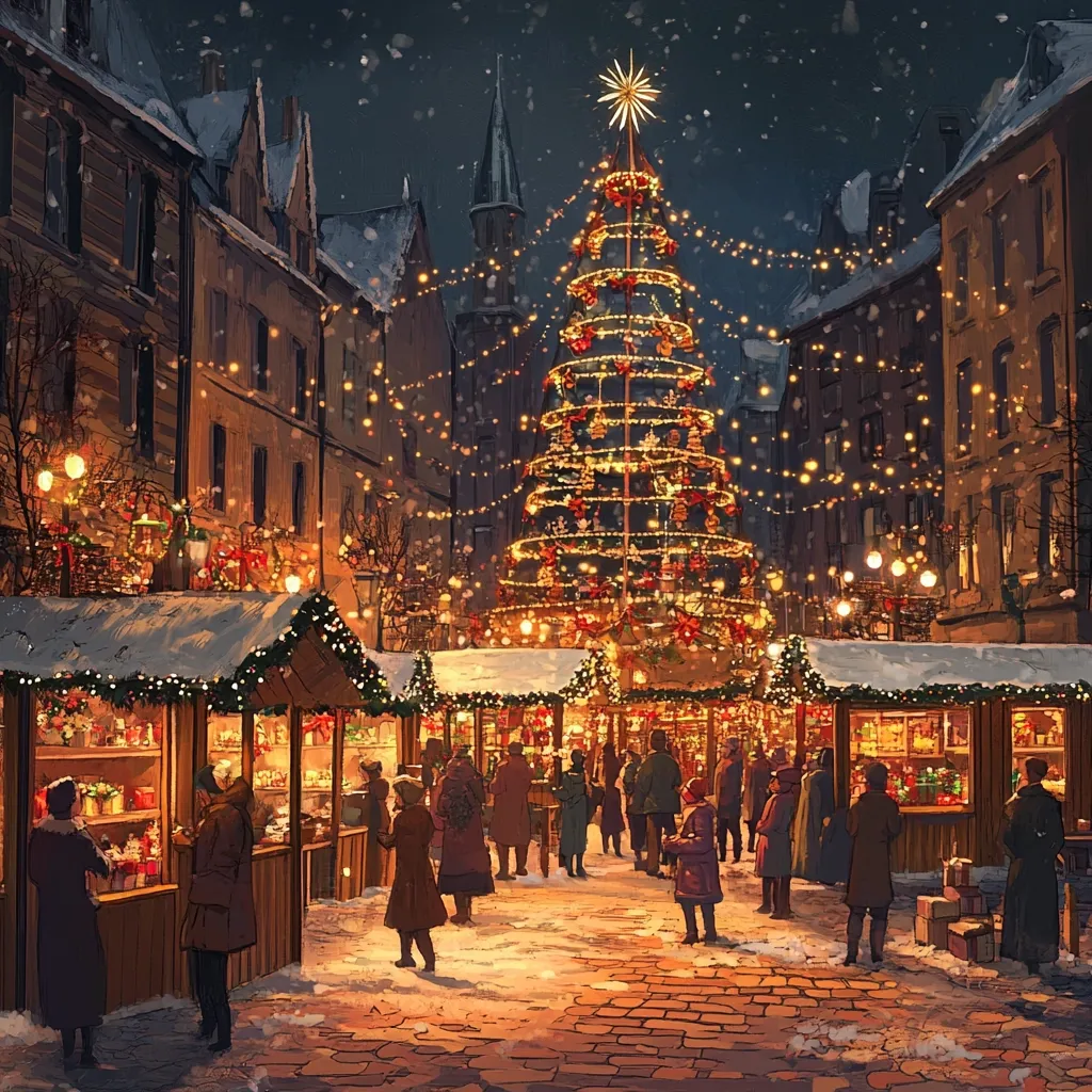 A charming illustration depicts a snow-dusted European Christmas market.  A large, ornate Christmas tree, brilliantly lit, stands at the center, surrounded by wooden market stalls overflowing with festive goods.  Shoppers stroll through the cobblestone streets, their breath visible in the cold night air.  Warm, golden light spills from the stalls and buildings, creating a magical and inviting atmosphere.  The scene is a picture of cozy holiday cheer.