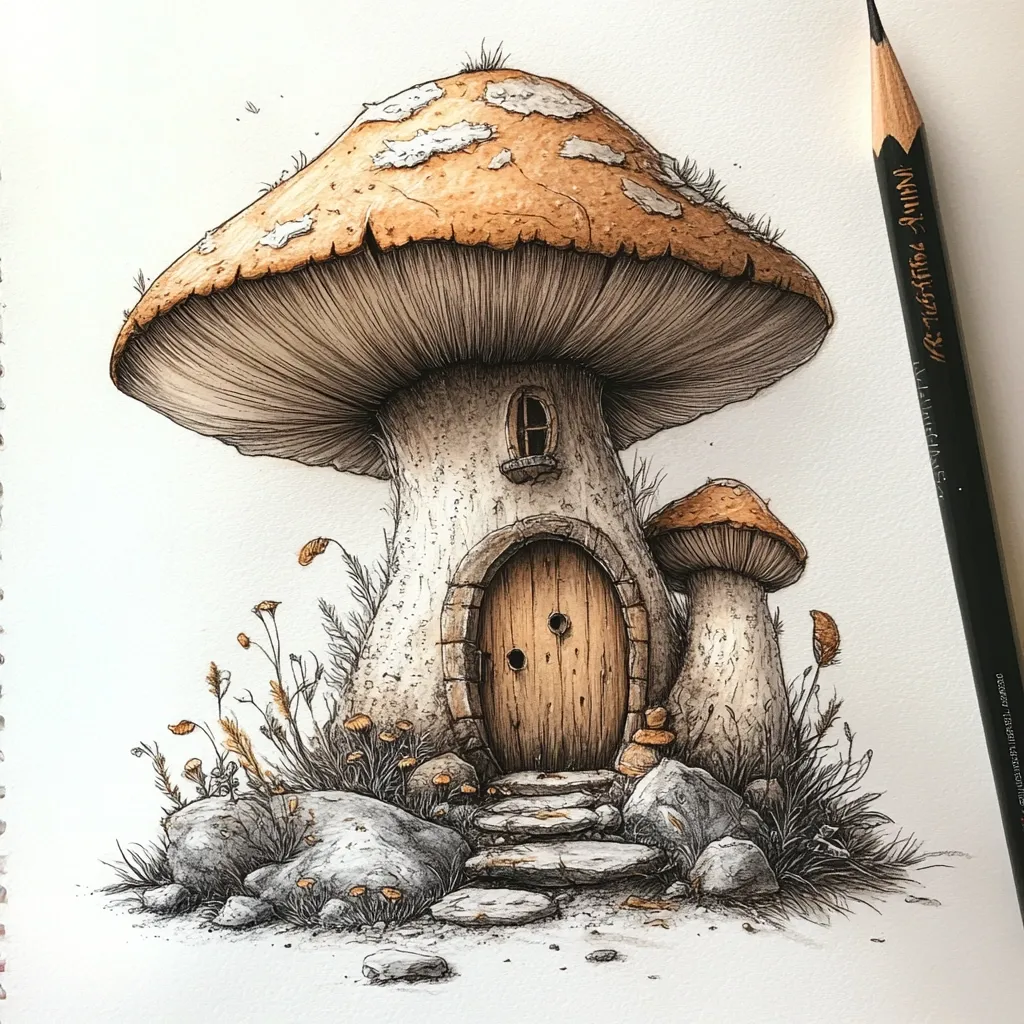 Here is a description of the image:

The artwork depicts a whimsical mushroom house, meticulously rendered in shades of brown, beige, and gray. The large mushroom's cap serves as the roof, with a small, arched doorway and window adding to the home's charm.  A smaller mushroom stands nearby, creating a cozy, fairytale-like scene.  The house is nestled among rocks and small plants, suggesting a secluded, natural setting.  The style is detailed and realistic, with delicate shading and texture.  A dark pencil rests beside the drawing, hinting at the artist's process. The overall impression is one of serene fantasy.