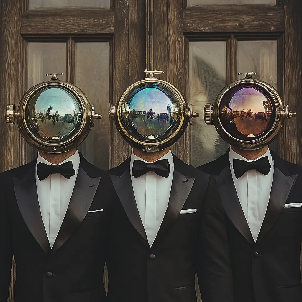 Three men in black tuxedos and bow ties stand before a dark wooden door.  Their heads are replaced by ornate, brass diving helmets with reflective, spherical glass visors.  The visors show distorted reflections of an outdoor scene, creating a surreal and enigmatic image.  The overall style is steampunk-inspired, blending futuristic elements with classic formal attire.