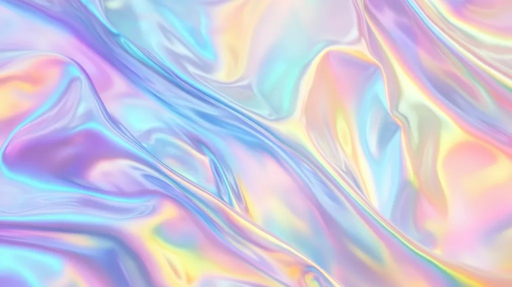 The image shows a vibrant, iridescent surface resembling draped fabric or liquid.  Swirls of pastel colors, including blues, pinks, yellows, and purples, blend seamlessly, creating an ethereal and dreamy effect.  The intense shine and color shifts suggest a highly reflective, possibly holographic material.  The overall impression is one of fluidity, softness, and otherworldly beauty.