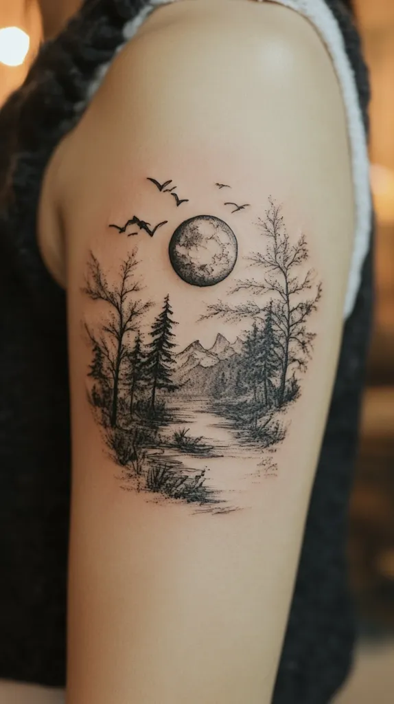 Here's a description of the image:

The photograph shows a delicate black ink tattoo on a person's upper arm. The tattoo depicts a serene landscape: a full moon hangs above a tranquil body of water nestled among stylized trees and mountains.  Small birds are subtly included in the upper portion, adding to the peaceful scene. The artistic style is minimalist, with fine lines and shading creating a sense of depth and tranquility. The tattoo's placement and style are aesthetically pleasing, showcasing a fine example of illustrative tattooing.
