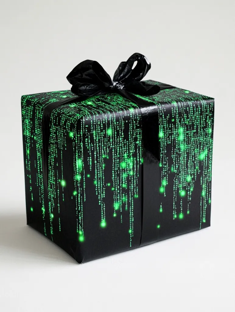 Here's a description of the image:

A black gift box, wrapped in paper featuring a stylized green matrix code cascading down, sits on a white surface.  A large black bow is tied on top.  The glossy black paper contrasts sharply with the bright green digital text, creating a visually striking and modern presentation.  The lighting is even and highlights the detail of the wrapping paper. The overall impression is one of a tech-themed gift, potentially for a programmer or technology enthusiast.