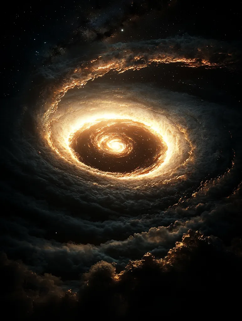 The image depicts a mesmerizing cosmic scene. A swirling vortex of fiery, golden light forms a ring at the center, resembling a celestial eye or a miniature galaxy.  This luminous core is surrounded by dark, nebulous clouds, creating a striking contrast.  The overall composition suggests depth and vastness, evoking a sense of wonder and mystery within the universe.  Distant stars are visible in the background, adding to the celestial ambiance.
